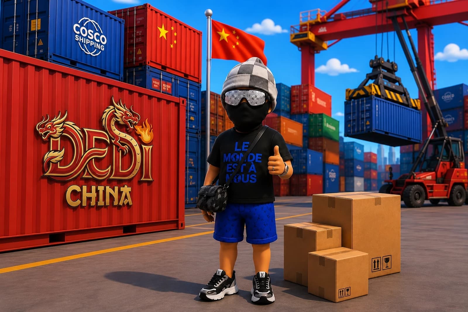 Dedi China sur le port, devant les conteneurs prêts à partir